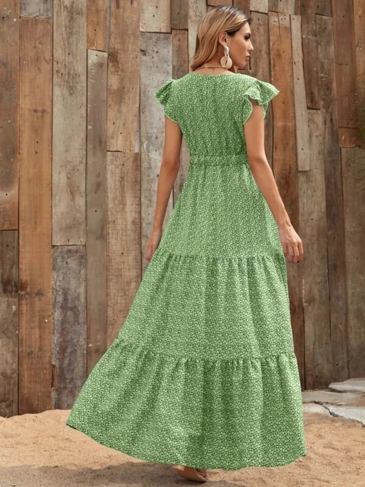 Printed V - Neck Ruffled Cap Sleeve Maxi Dress - VeauBeauty