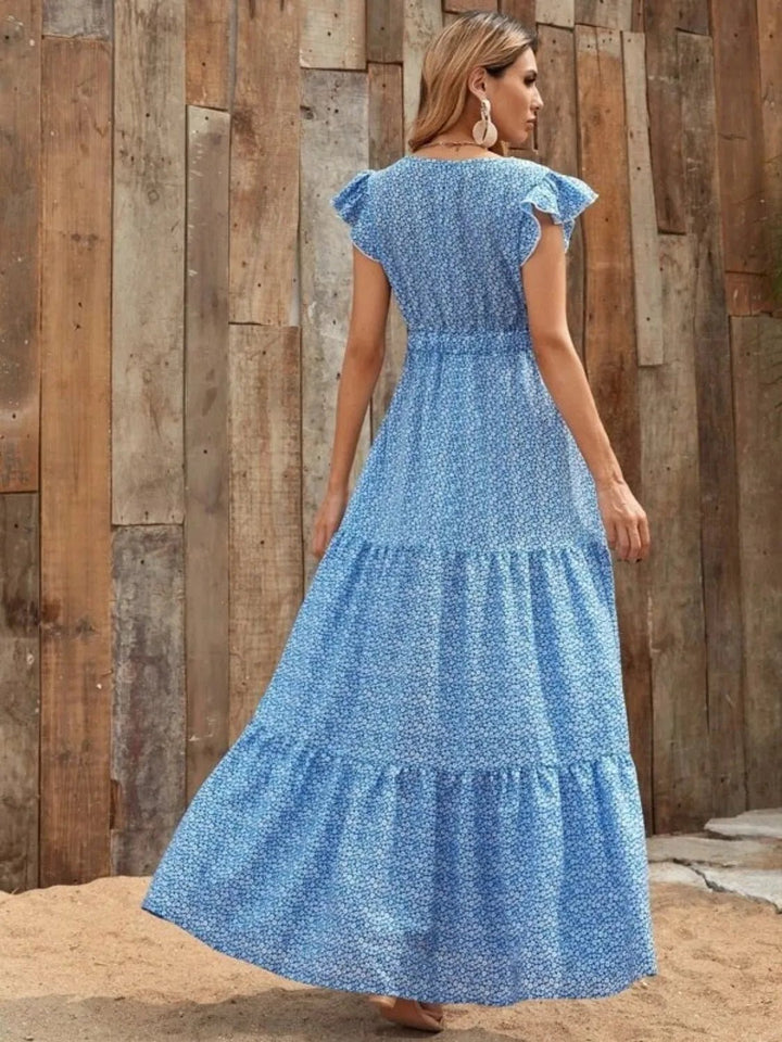 Printed V - Neck Ruffled Cap Sleeve Maxi Dress - VeauBeauty