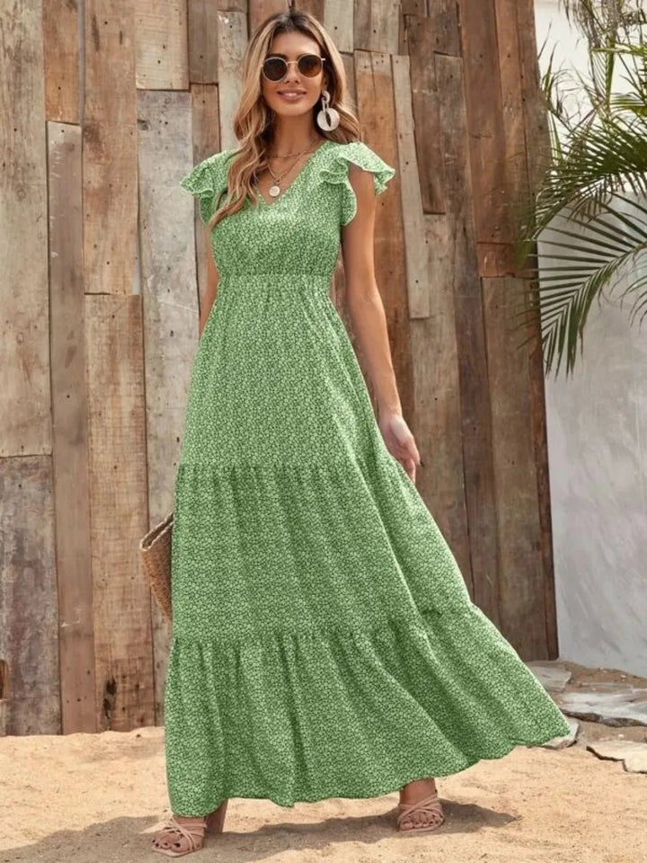 Printed V - Neck Ruffled Cap Sleeve Maxi Dress - VeauBeauty