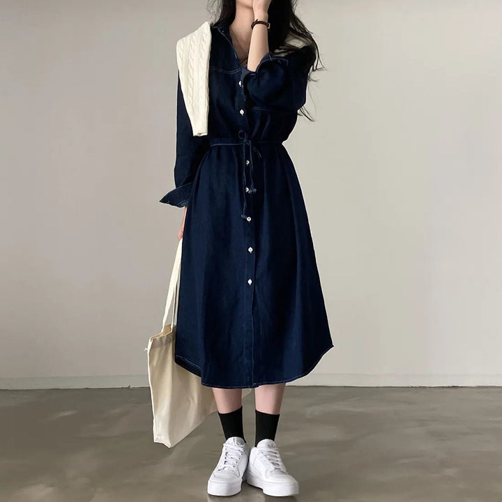 Retro Denim A - Line Dress – Korean Style Cinched Waist Long Sleeve Midi - VeauBeauty