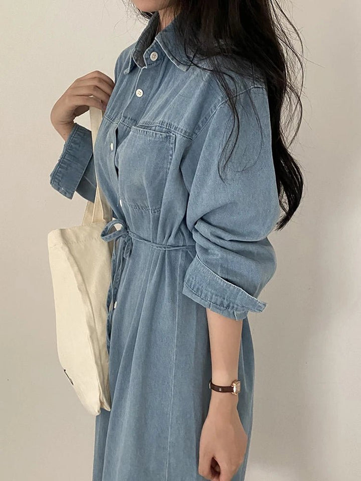 Retro Denim A - Line Dress – Korean Style Cinched Waist Long Sleeve Midi - VeauBeauty