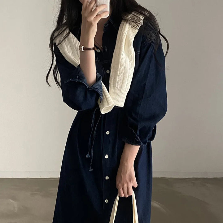 Retro Denim A - Line Dress – Korean Style Cinched Waist Long Sleeve Midi - VeauBeauty