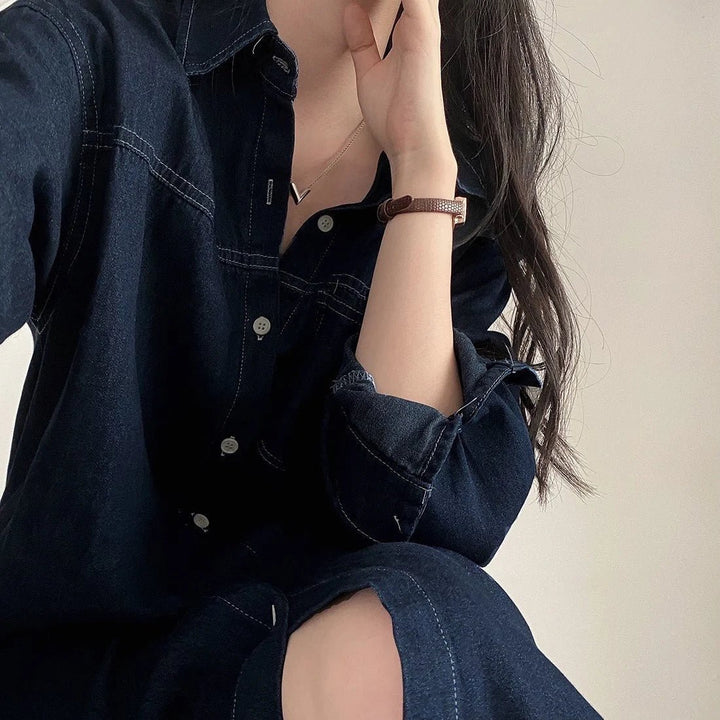 Retro Denim A - Line Dress – Korean Style Cinched Waist Long Sleeve Midi - VeauBeauty