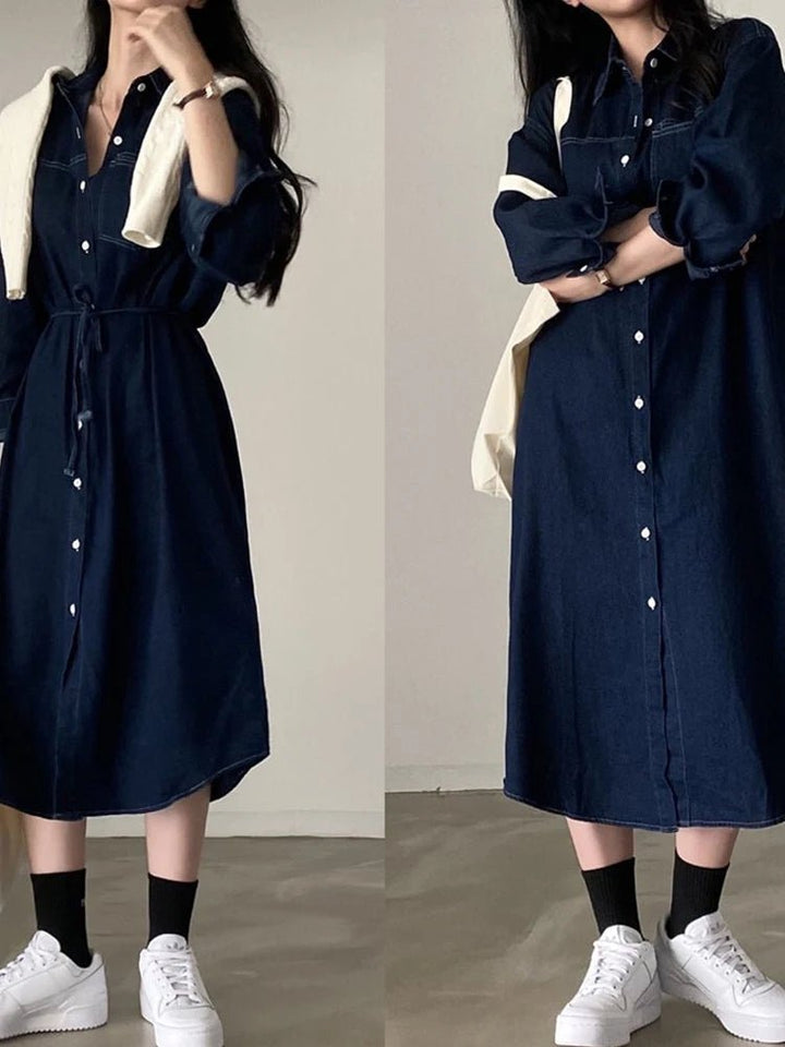 Retro Denim A - Line Dress – Korean Style Cinched Waist Long Sleeve Midi - VeauBeauty