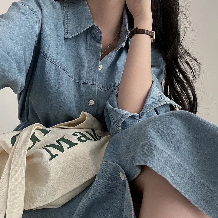 Retro Denim A - Line Dress – Korean Style Cinched Waist Long Sleeve Midi - VeauBeauty