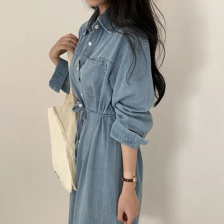 Retro Denim A - Line Dress – Korean Style Cinched Waist Long Sleeve Midi - VeauBeauty