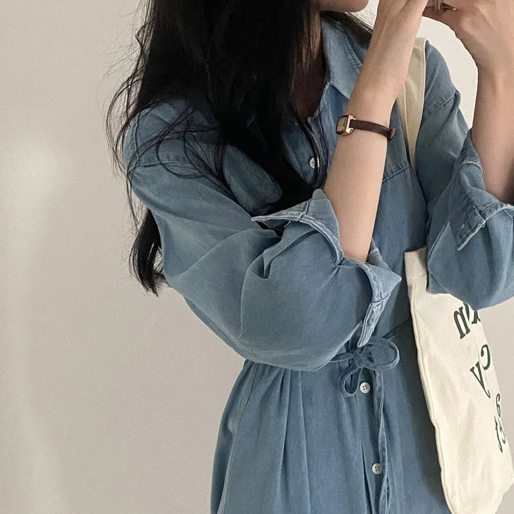 Retro Denim A - Line Dress – Korean Style Cinched Waist Long Sleeve Midi - VeauBeauty