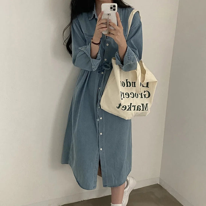 Retro Denim A - Line Dress – Korean Style Cinched Waist Long Sleeve Midi - VeauBeauty