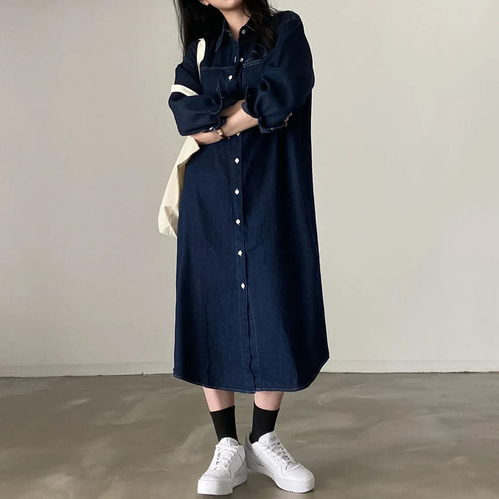 Retro Denim A - Line Dress – Korean Style Cinched Waist Long Sleeve Midi - VeauBeauty