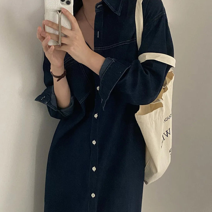 Retro Denim A - Line Dress – Korean Style Cinched Waist Long Sleeve Midi - VeauBeauty