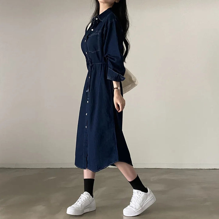 Retro Denim A - Line Dress – Korean Style Cinched Waist Long Sleeve Midi - VeauBeauty