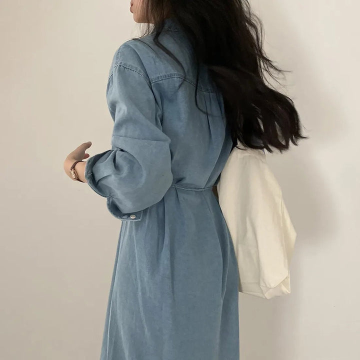 Retro Denim A - Line Dress – Korean Style Cinched Waist Long Sleeve Midi - VeauBeauty