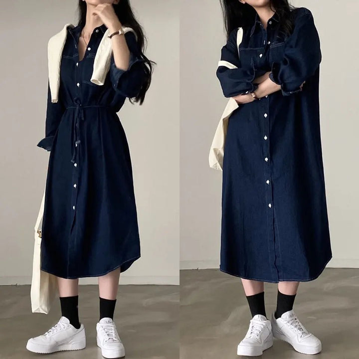 Retro Denim A - Line Dress – Korean Style Cinched Waist Long Sleeve Midi - VeauBeauty