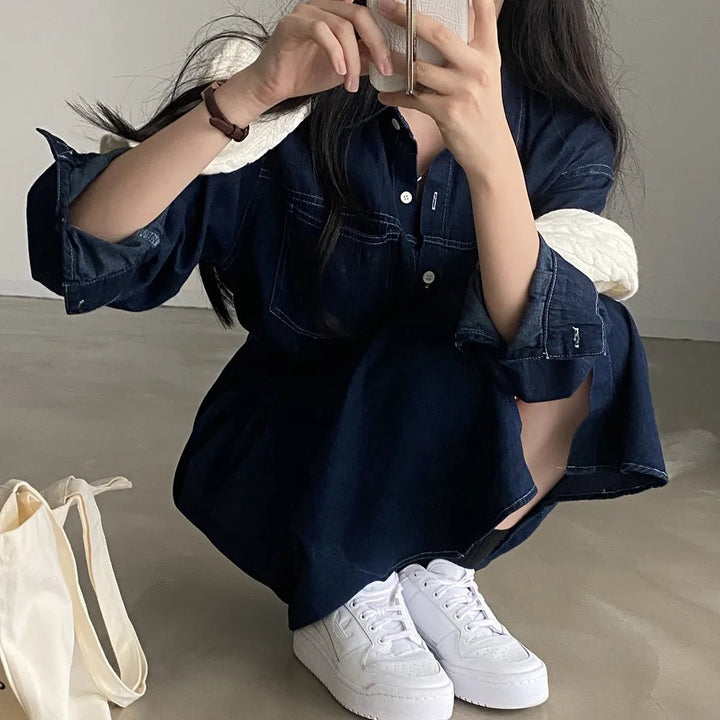 Retro Denim A - Line Dress – Korean Style Cinched Waist Long Sleeve Midi - VeauBeauty