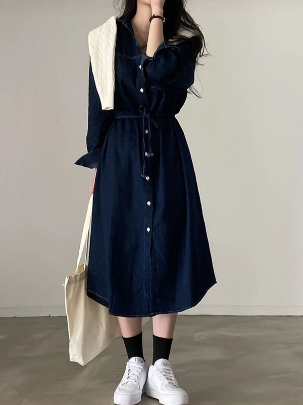 Retro Denim A - Line Dress – Korean Style Cinched Waist Long Sleeve Midi - VeauBeauty