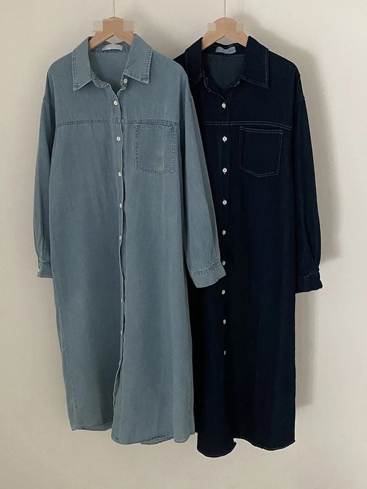 Retro Denim A - Line Dress – Korean Style Cinched Waist Long Sleeve Midi - VeauBeauty