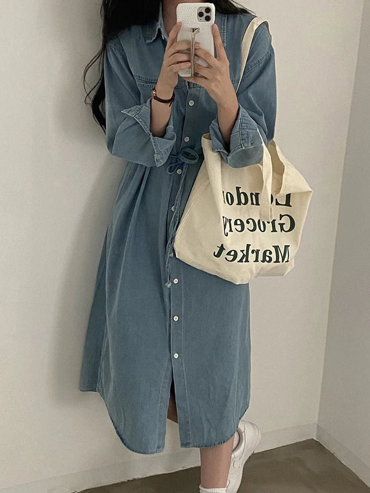 Retro Denim A - Line Dress – Korean Style Cinched Waist Long Sleeve Midi - VeauBeauty