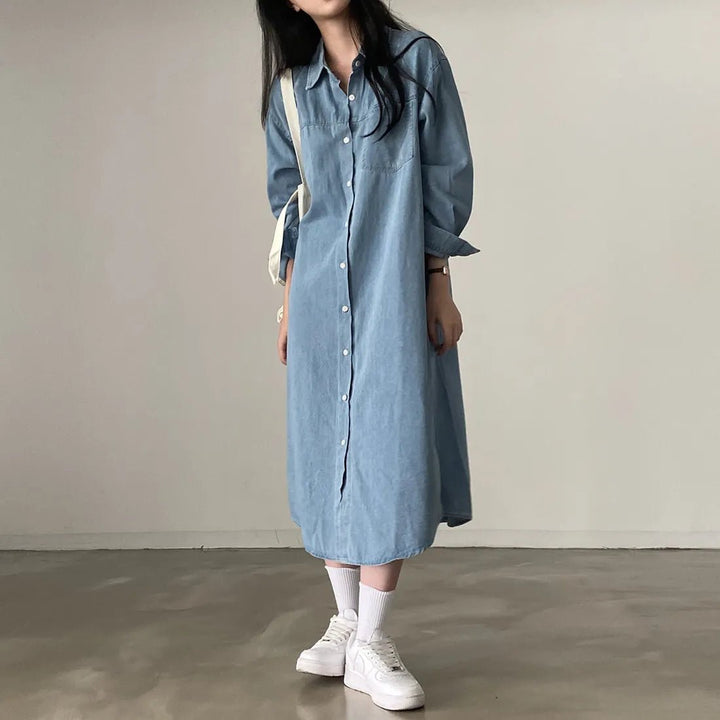 Retro Denim A - Line Dress – Korean Style Cinched Waist Long Sleeve Midi - VeauBeauty