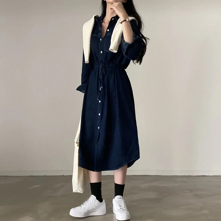 Retro Denim A - Line Dress – Korean Style Cinched Waist Long Sleeve Midi - VeauBeauty