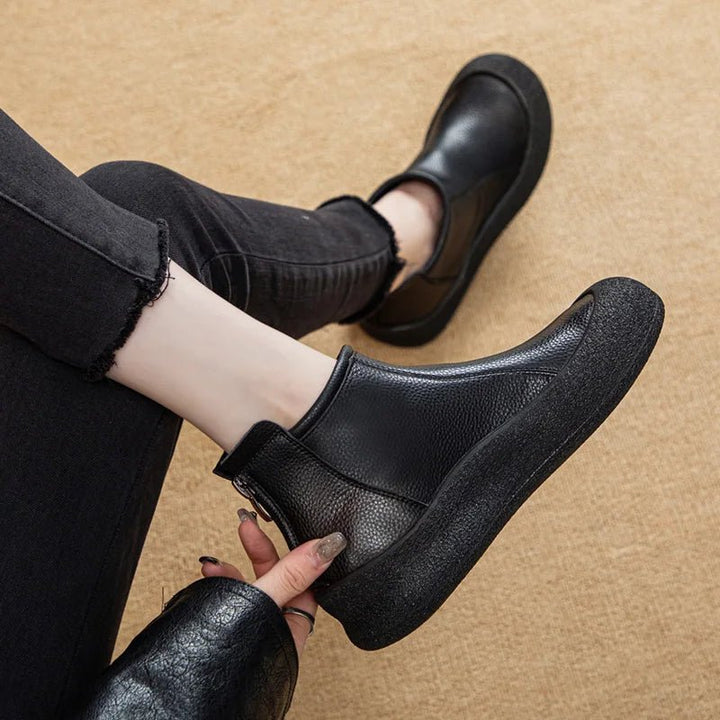 Retro Flat Genuine Leather Ankle Boots for Women – Large Size Booties - VeauBeauty