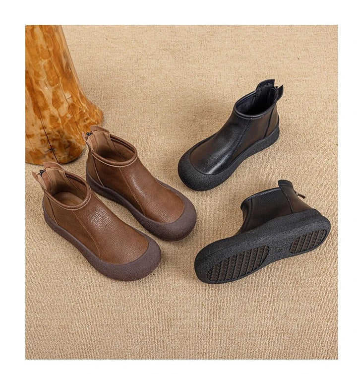 Retro Flat Genuine Leather Ankle Boots for Women – Large Size Booties - VeauBeauty