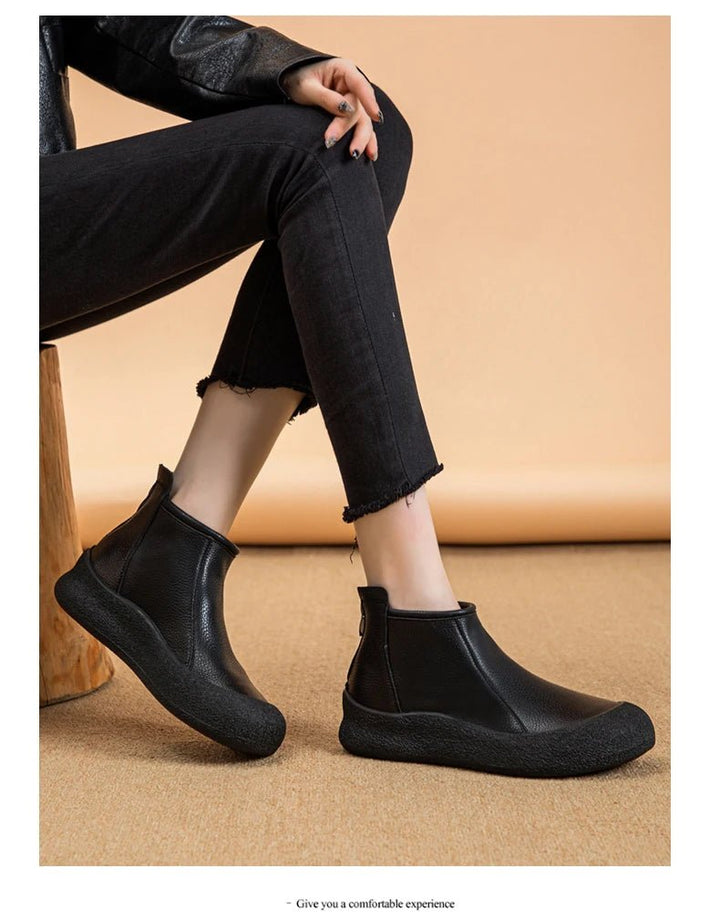 Retro Flat Genuine Leather Ankle Boots for Women – Large Size Booties - VeauBeauty