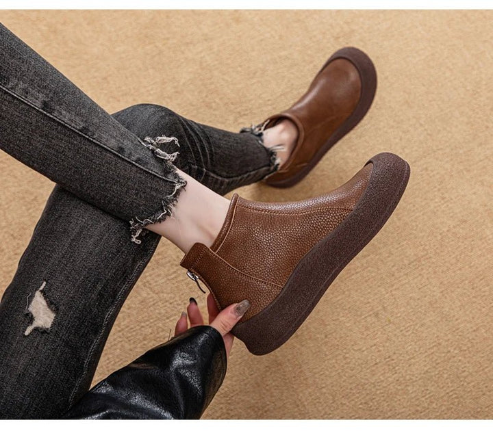Retro Flat Genuine Leather Ankle Boots for Women – Large Size Booties - VeauBeauty