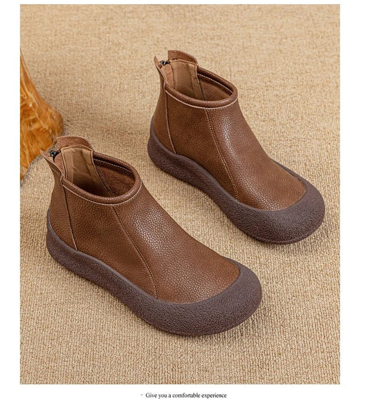 Retro Flat Genuine Leather Ankle Boots for Women – Large Size Booties - VeauBeauty