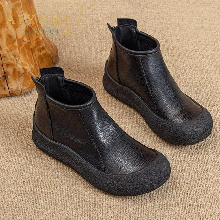 Retro Flat Genuine Leather Ankle Boots for Women – Large Size Booties - VeauBeauty