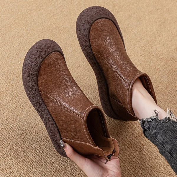 Retro Flat Genuine Leather Ankle Boots for Women – Large Size Booties - VeauBeauty
