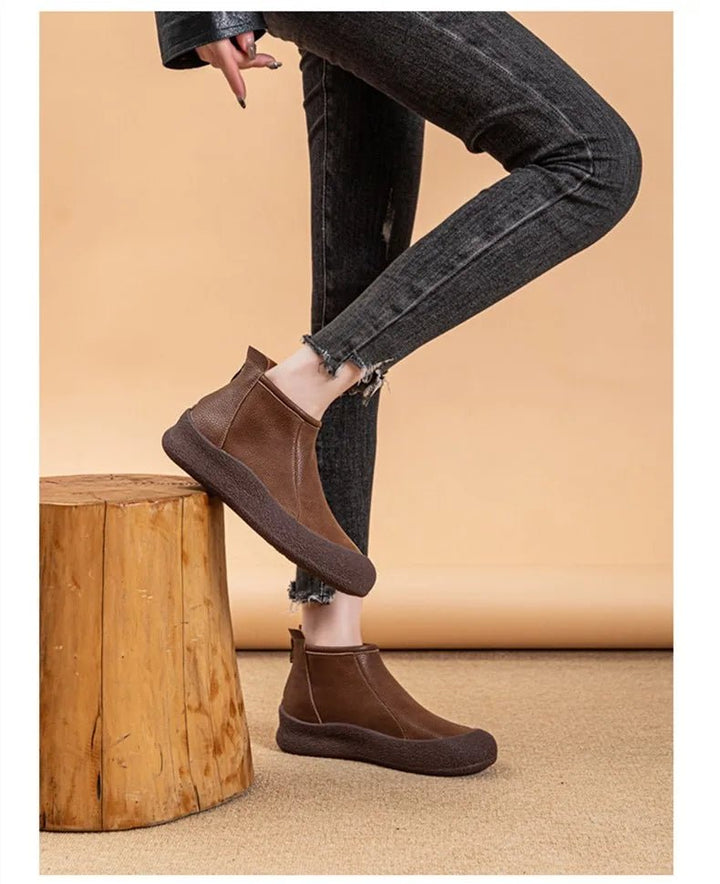 Retro Flat Genuine Leather Ankle Boots for Women – Large Size Booties - VeauBeauty