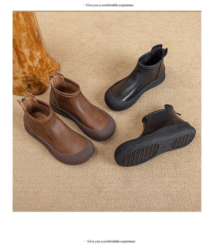 Retro Flat Genuine Leather Ankle Boots for Women – Large Size Booties - VeauBeauty