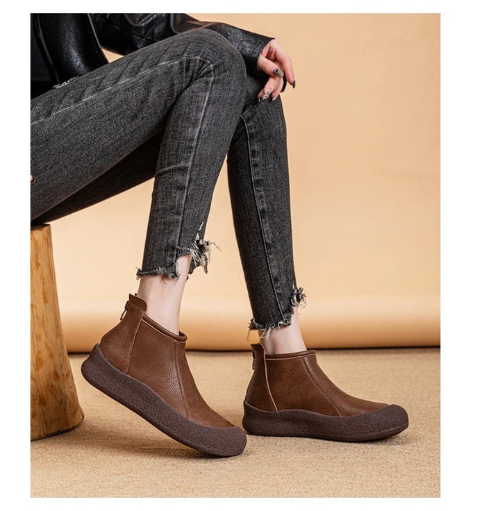 Retro Flat Genuine Leather Ankle Boots for Women – Large Size Booties - VeauBeauty