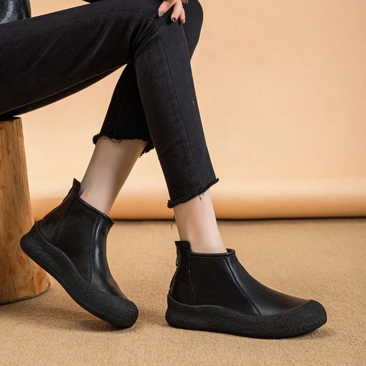 Retro Flat Genuine Leather Ankle Boots for Women – Large Size Booties - VeauBeauty