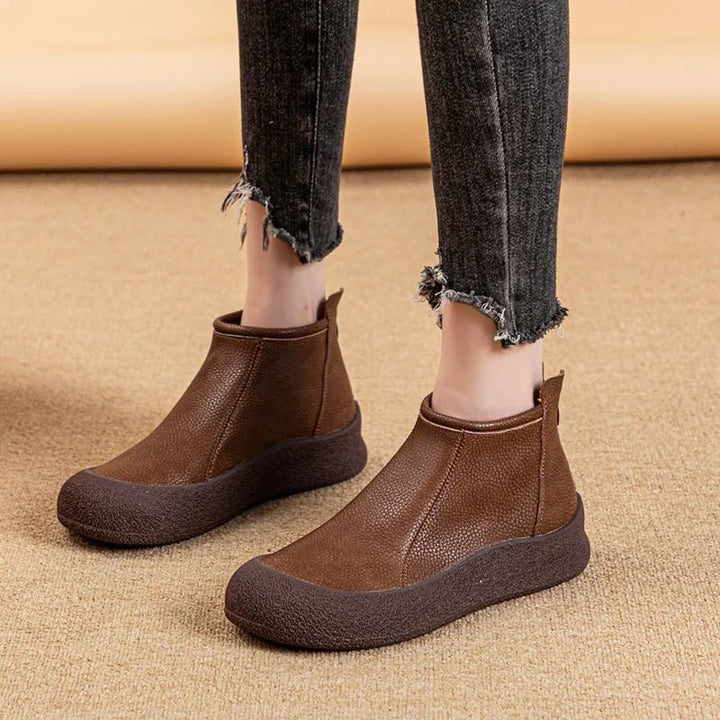 Retro Flat Genuine Leather Ankle Boots for Women – Large Size Booties - VeauBeauty