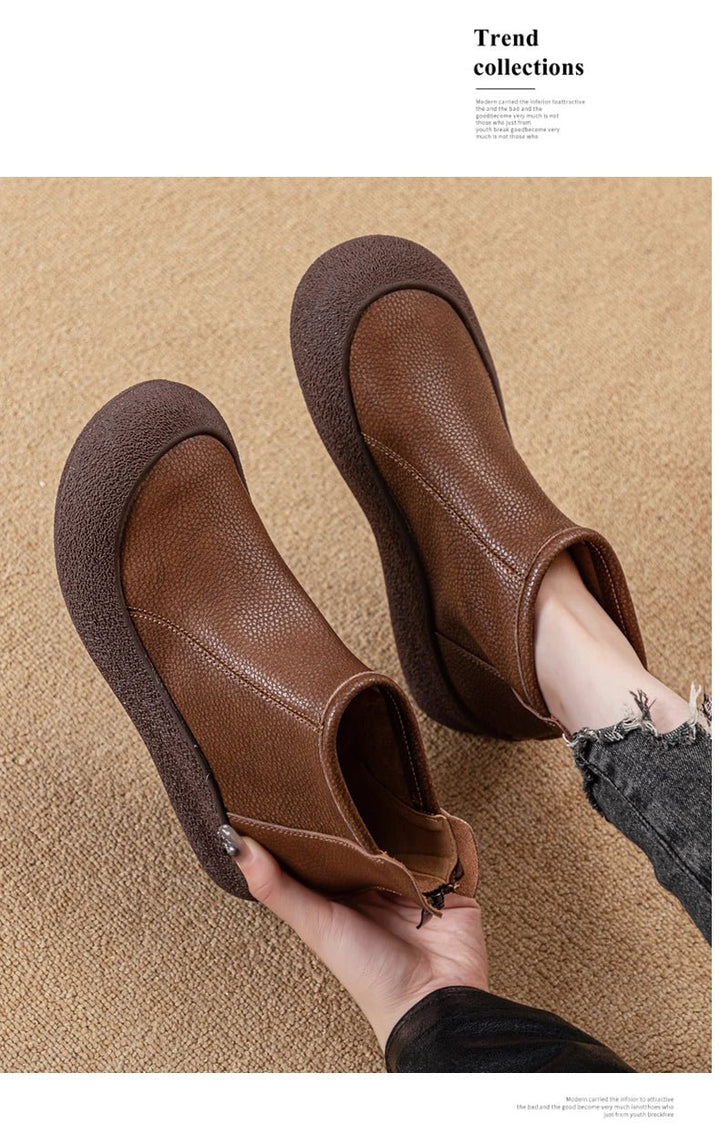 Retro Flat Genuine Leather Ankle Boots for Women – Large Size Booties - VeauBeauty