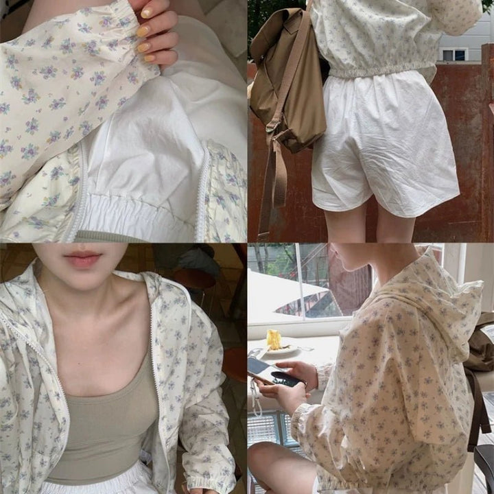 Retro Floral Hooded Jacket – Korean Sweet Loose Fit Batwing Zip - Up Top - VeauBeauty