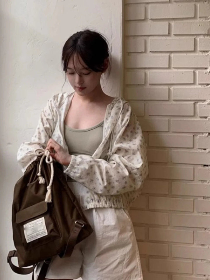 Retro Floral Hooded Jacket – Korean Sweet Loose Fit Batwing Zip - Up Top - VeauBeauty