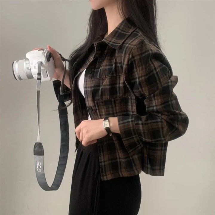 Retro Plaid Shirt – Lapel Long Sleeve Short Top for Women - VeauBeauty