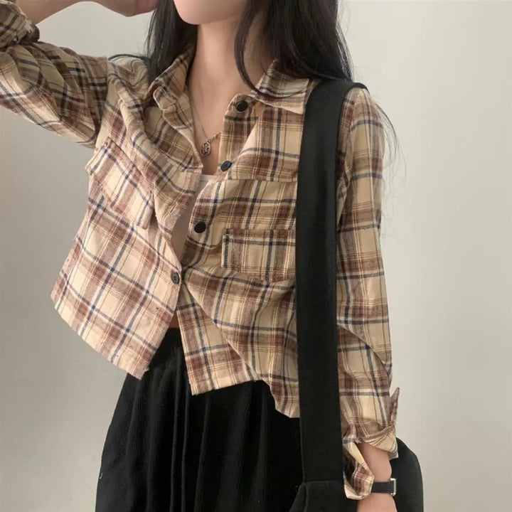 Retro Plaid Shirt – Lapel Long Sleeve Short Top for Women - VeauBeauty