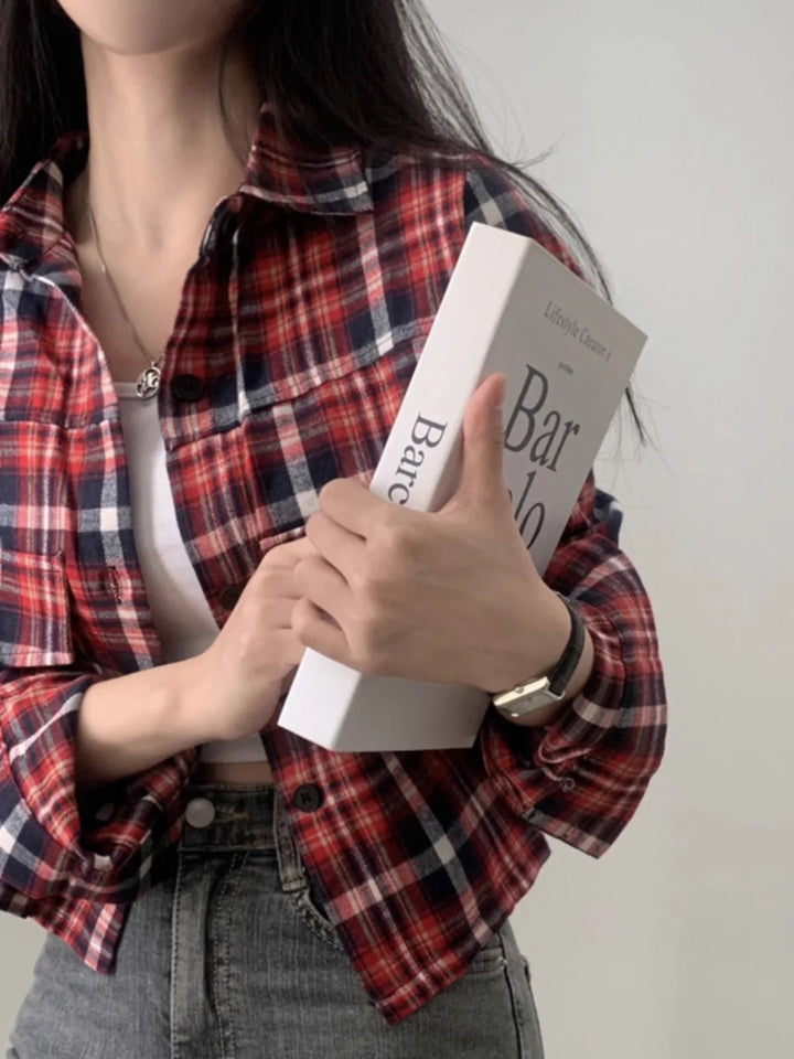 Retro Plaid Shirt – Lapel Long Sleeve Short Top for Women - VeauBeauty