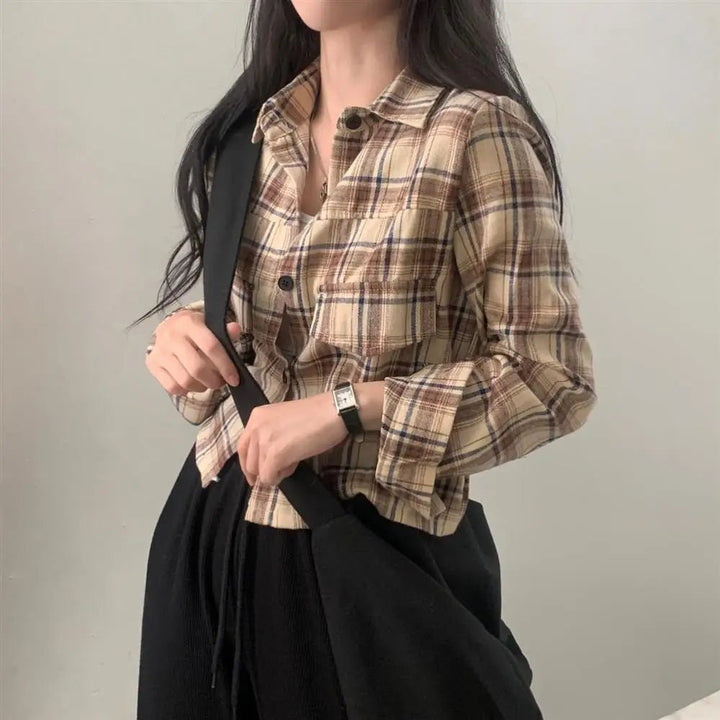 Retro Plaid Shirt – Lapel Long Sleeve Short Top for Women - VeauBeauty
