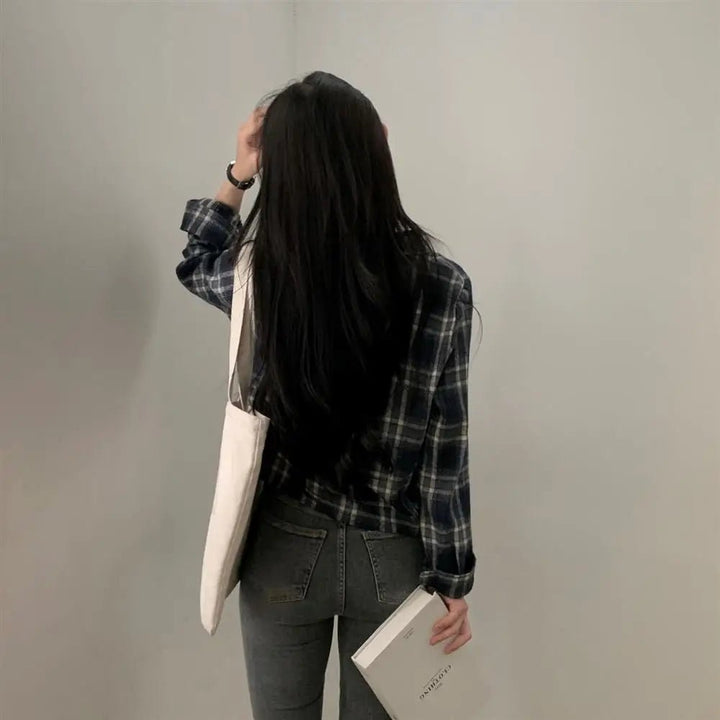 Retro Plaid Shirt – Lapel Long Sleeve Short Top for Women - VeauBeauty