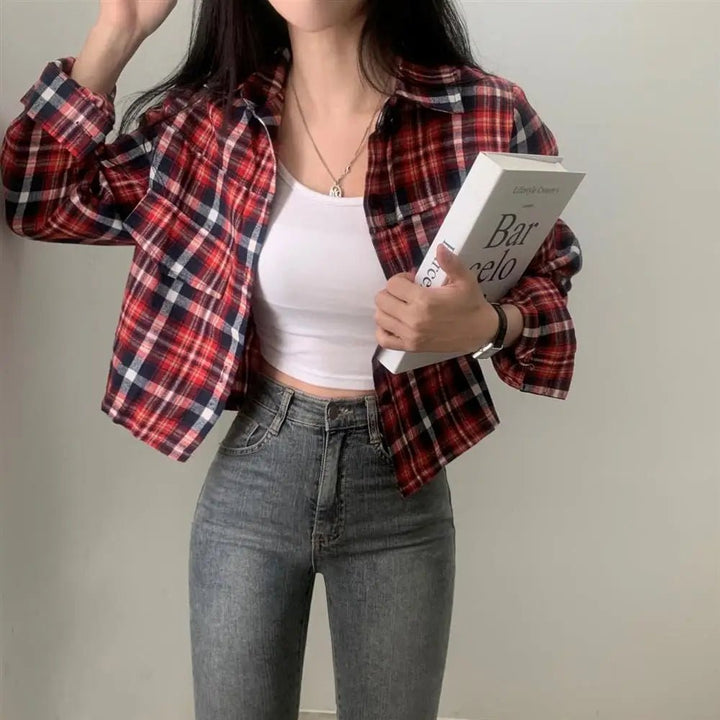 Retro Plaid Shirt – Lapel Long Sleeve Short Top for Women - VeauBeauty