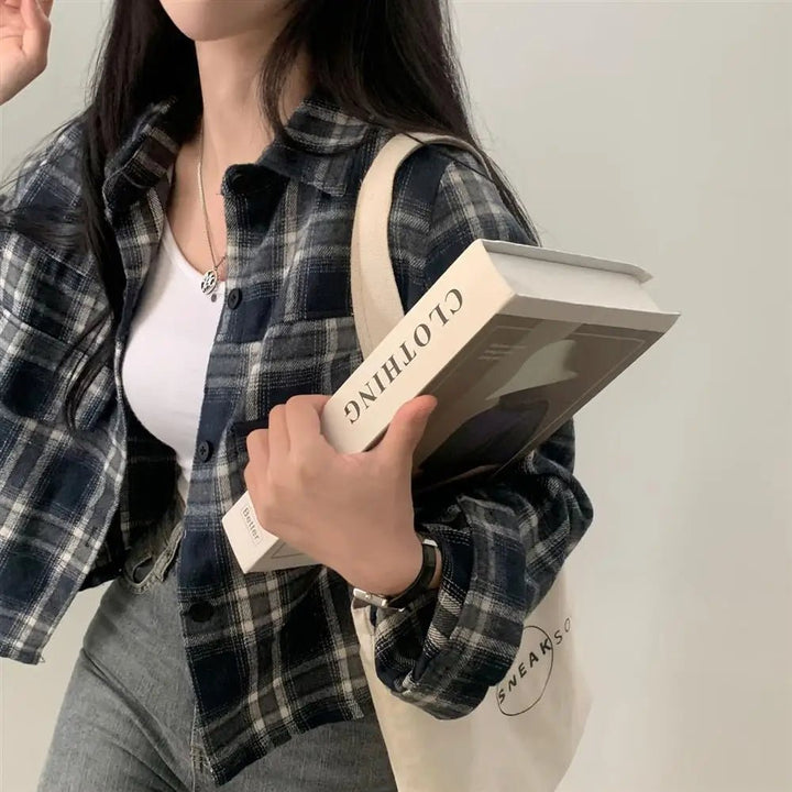 Retro Plaid Shirt – Lapel Long Sleeve Short Top for Women - VeauBeauty