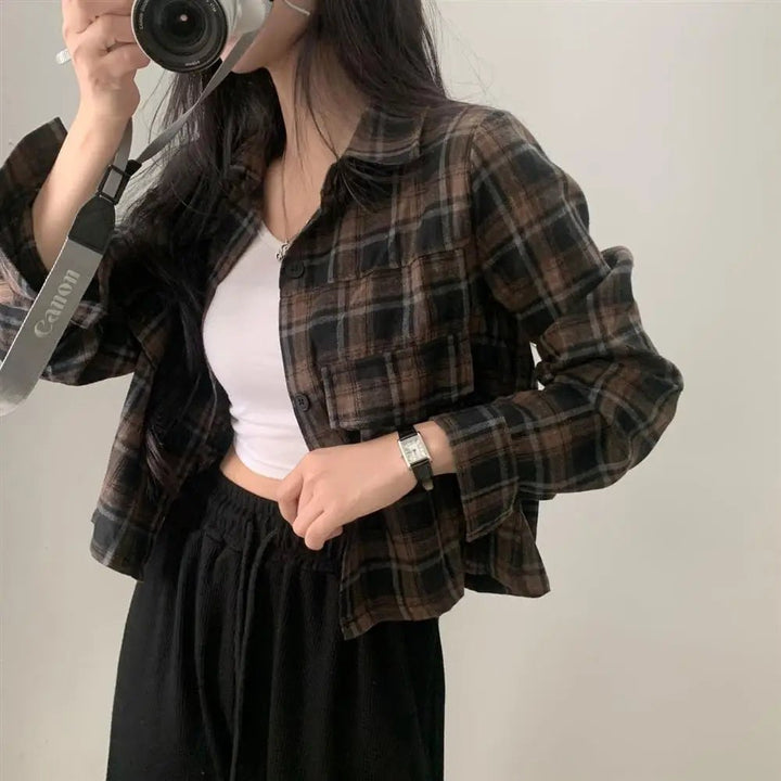 Retro Plaid Shirt – Lapel Long Sleeve Short Top for Women - VeauBeauty