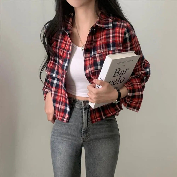 Retro Plaid Shirt – Lapel Long Sleeve Short Top for Women - VeauBeauty