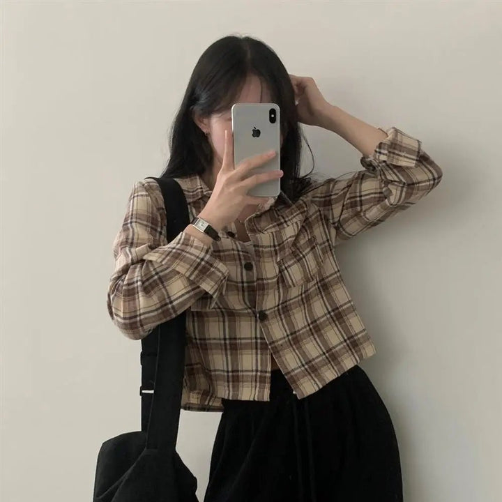 Retro Plaid Shirt – Lapel Long Sleeve Short Top for Women - VeauBeauty