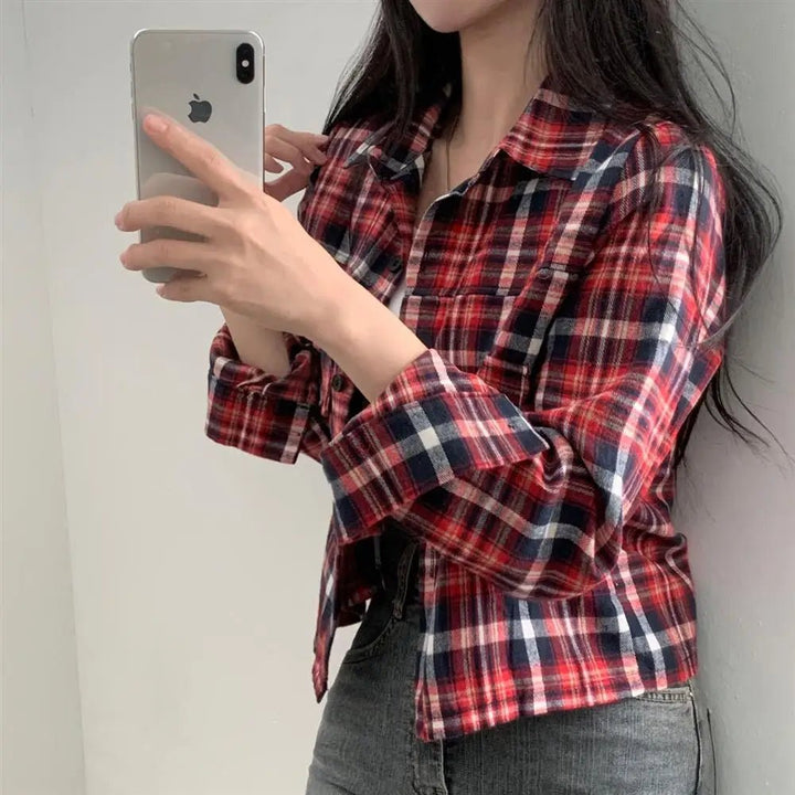 Retro Plaid Shirt – Lapel Long Sleeve Short Top for Women - VeauBeauty