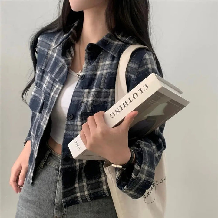 Retro Plaid Shirt – Lapel Long Sleeve Short Top for Women - VeauBeauty